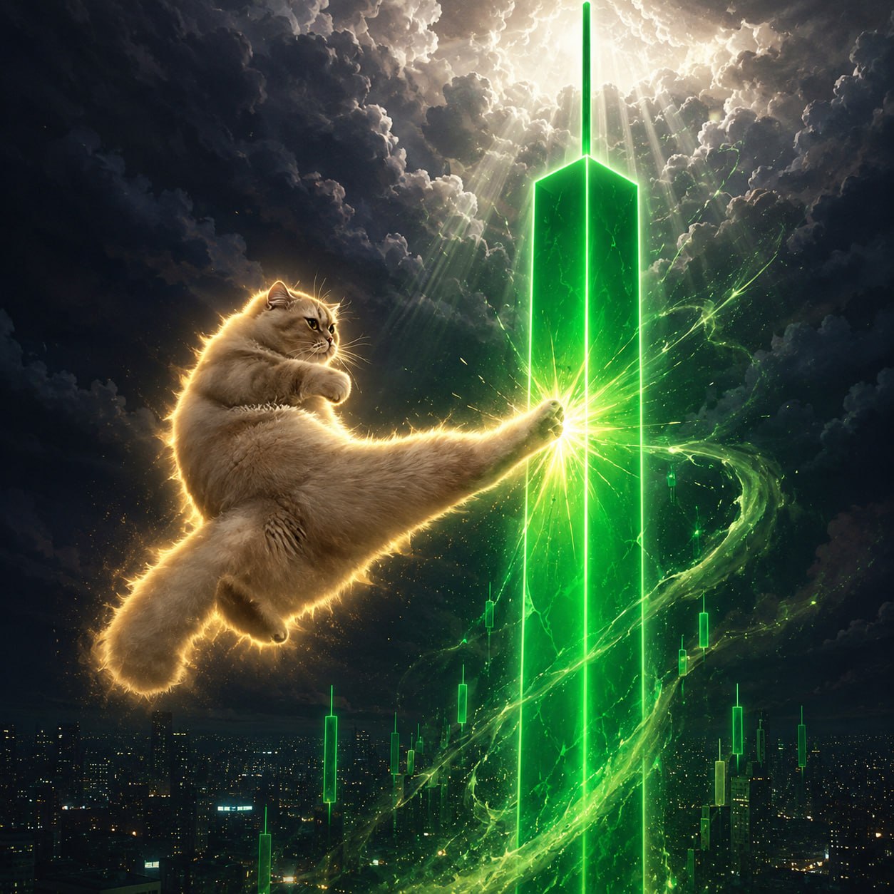 KAT kicking an enormous green market candle into the sky